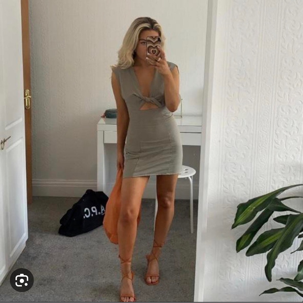 ZARA OLIVE CUT OUT LINEN BLEND DRESS